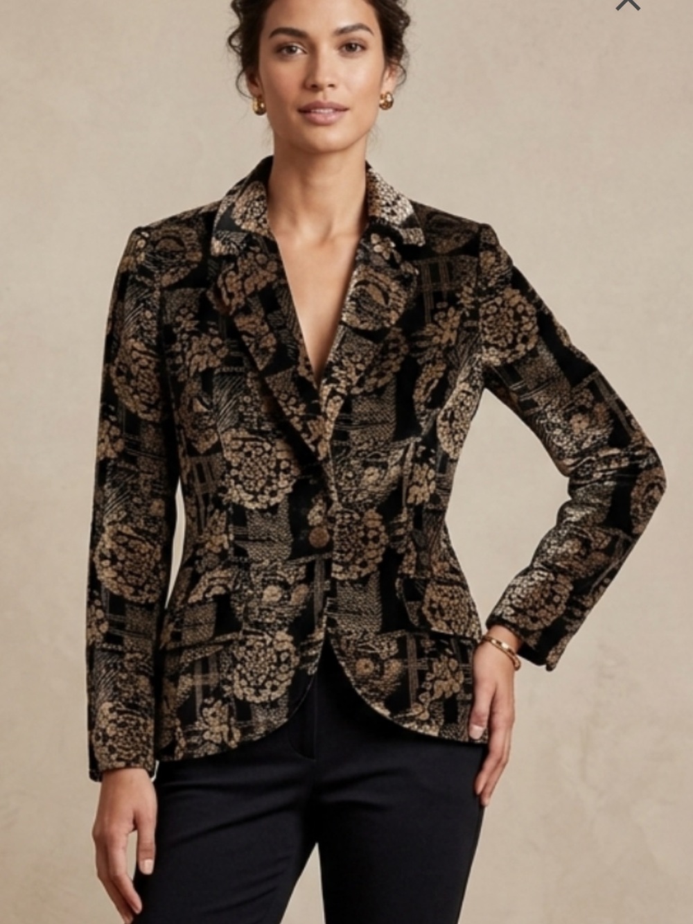 Carmen Marc Valvo blazer Velvet silk blend black Gold Floral Button Front jacket